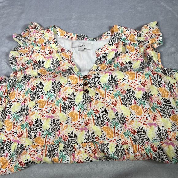 LOFT Dress Womens S Small Paradise Ruffle Button Sleeveless Tropical Flounce - Picture 7 of 15